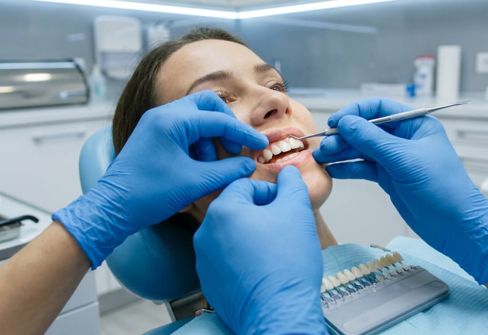 Dentist examining a patient during a professional dental implant care and maintenance checkup.