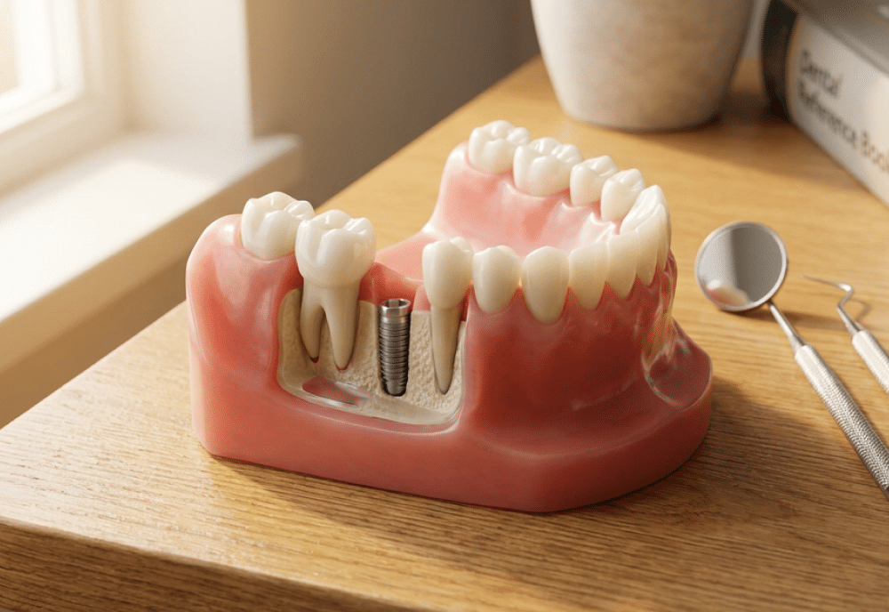 Dental model showing a dental implant replacing a missing tooth, with surrounding teeth, gums, and dental instruments nearby.