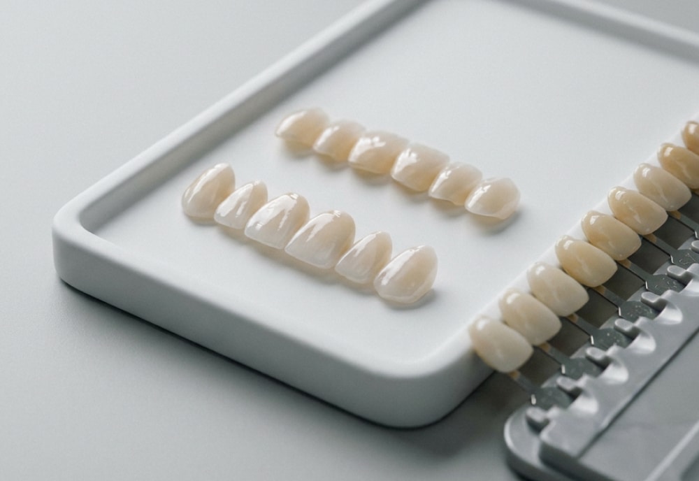 Two rows of porcelain veneers laying on a metal tray.
